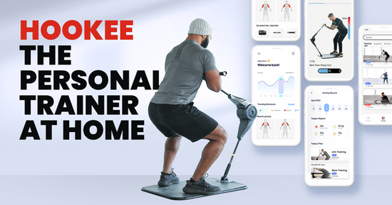 Ein Mann benutzt HooKee Smart Gym zum Kniebeugen. Es gibt mehrere Bilder, die die Funktion der HooKee Fitness App als Personal Trainer zu Hause zeigen